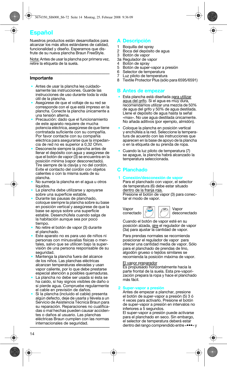 Español, A descripción, B antes de empezar | C planchado | Braun FreeStyle SI 6261 User Manual | Page 14 / 70