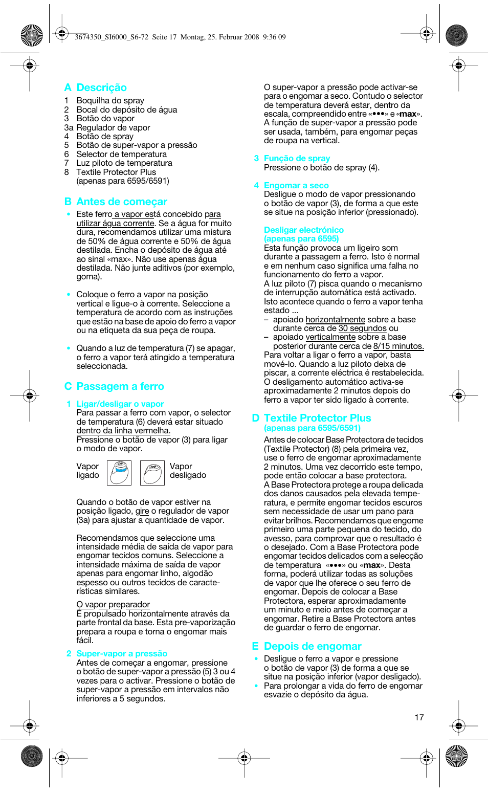 A descrição, B antes de começar, C passagem a ferro | D textile protector plus, E depois de engomar | Braun FreeStyle SI 6261 User Manual | Page 17 / 70