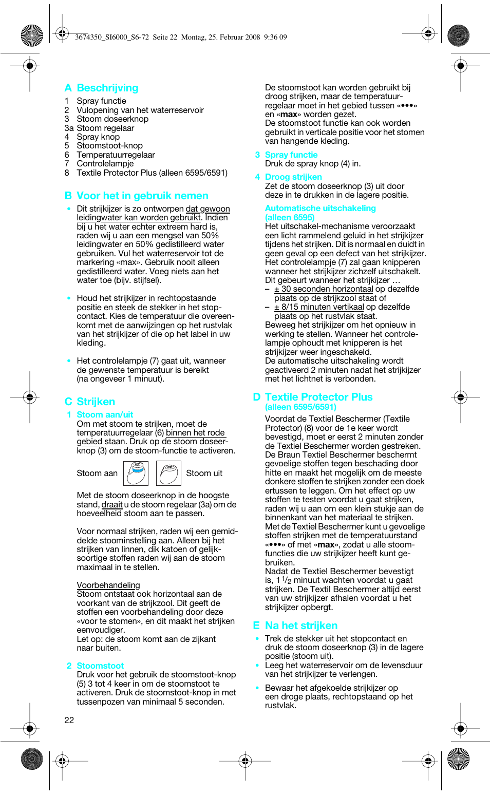 A beschrijving, B voor het in gebruik nemen, C strijken | D textile protector plus, E na het strijken | Braun FreeStyle SI 6261 User Manual | Page 22 / 70