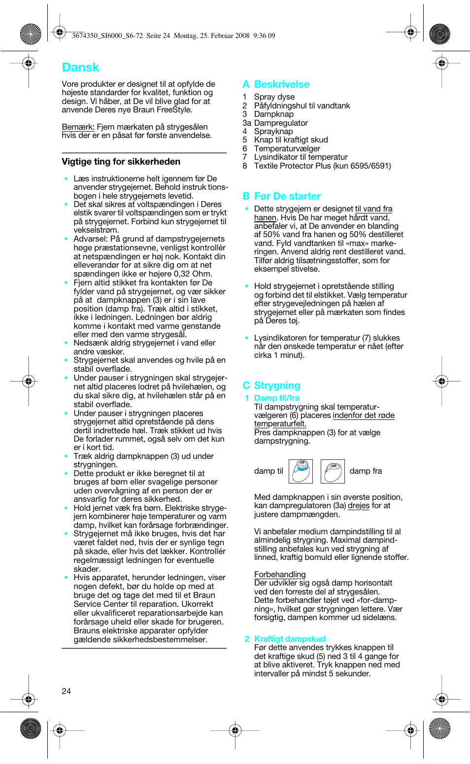 Dansk, A beskrivelse, B før de starter | C strygning | Braun FreeStyle SI 6261 User Manual | Page 24 / 70