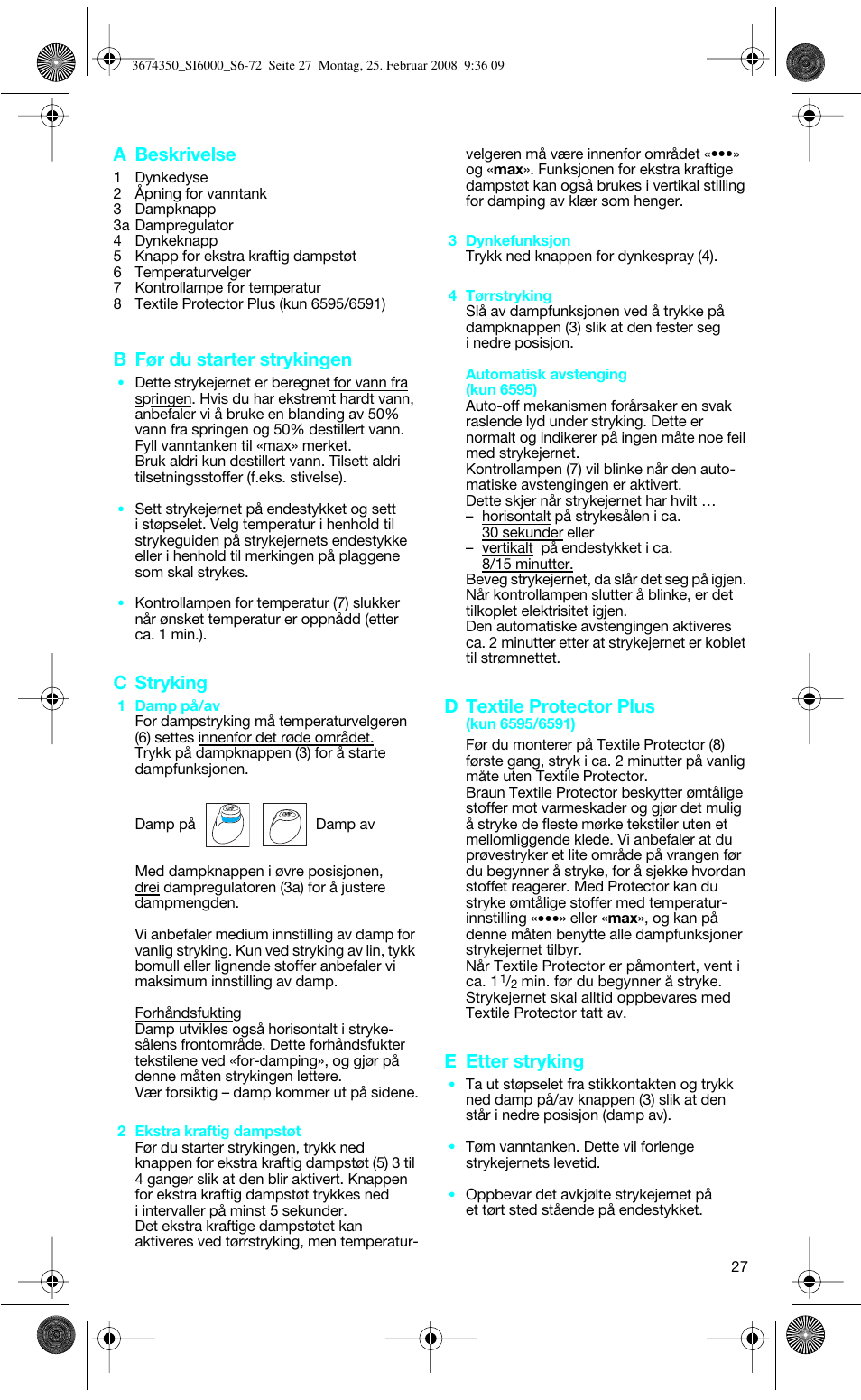 A beskrivelse, B før du starter strykingen, C stryking | D textile protector plus, E etter stryking | Braun FreeStyle SI 6261 User Manual | Page 27 / 70