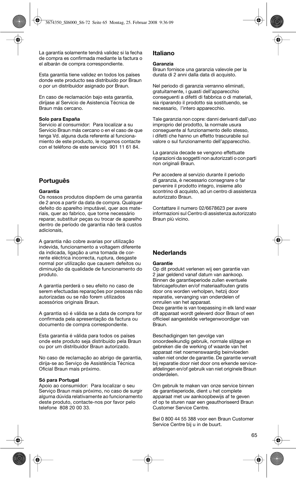 Português, Italiano, Nederlands | Braun FreeStyle SI 6261 User Manual | Page 65 / 70