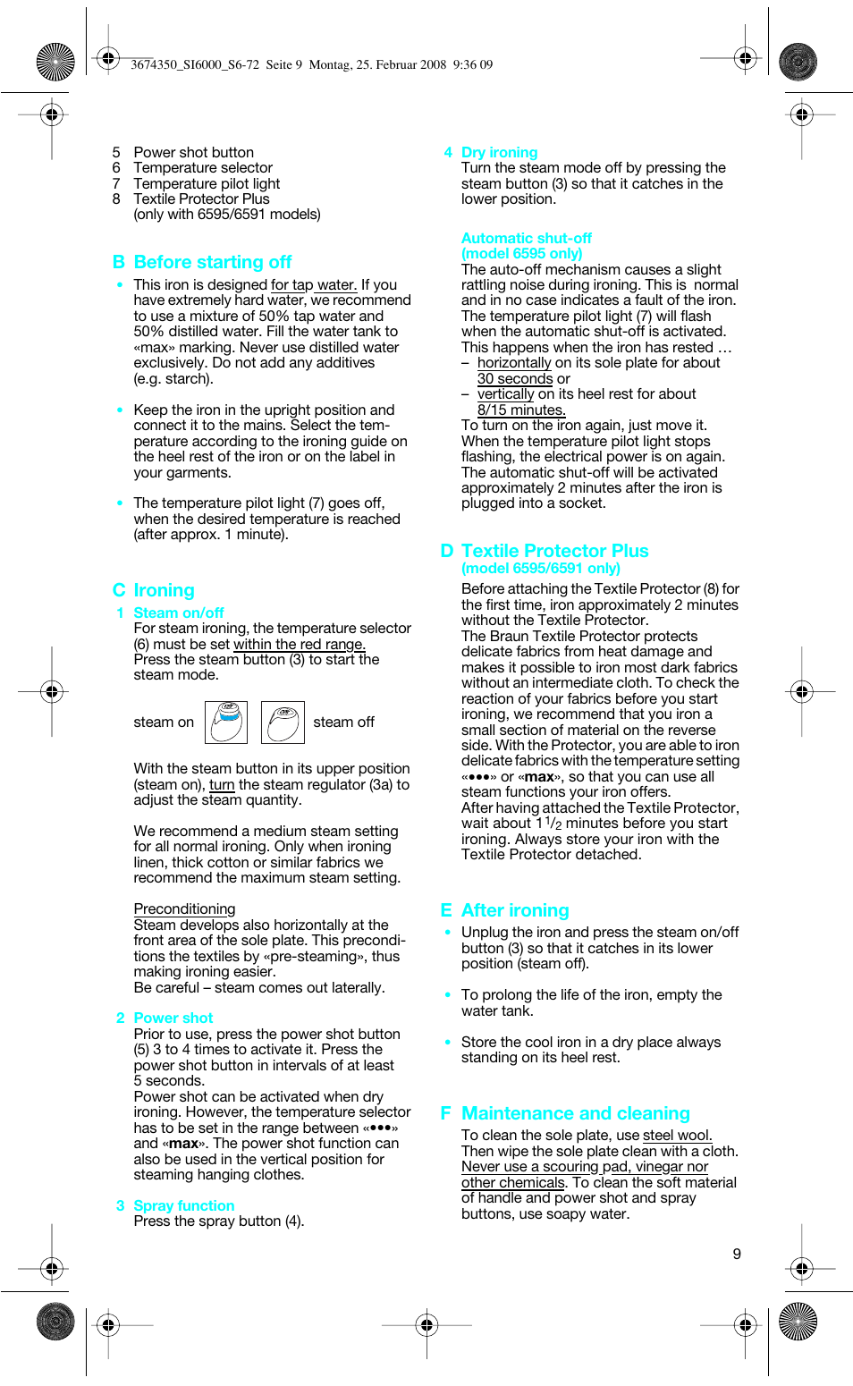 B before starting off, C ironing, D textile protector plus | E after ironing, F maintenance and cleaning | Braun FreeStyle SI 6261 User Manual | Page 9 / 70