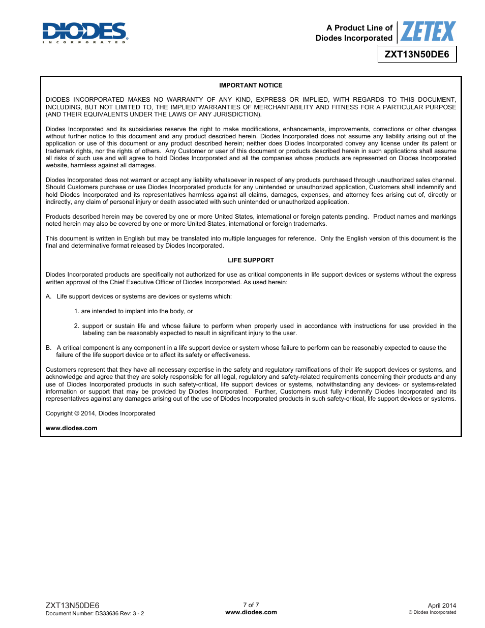 Diodes ZXT13N50DE6 User Manual | Page 7 / 7
