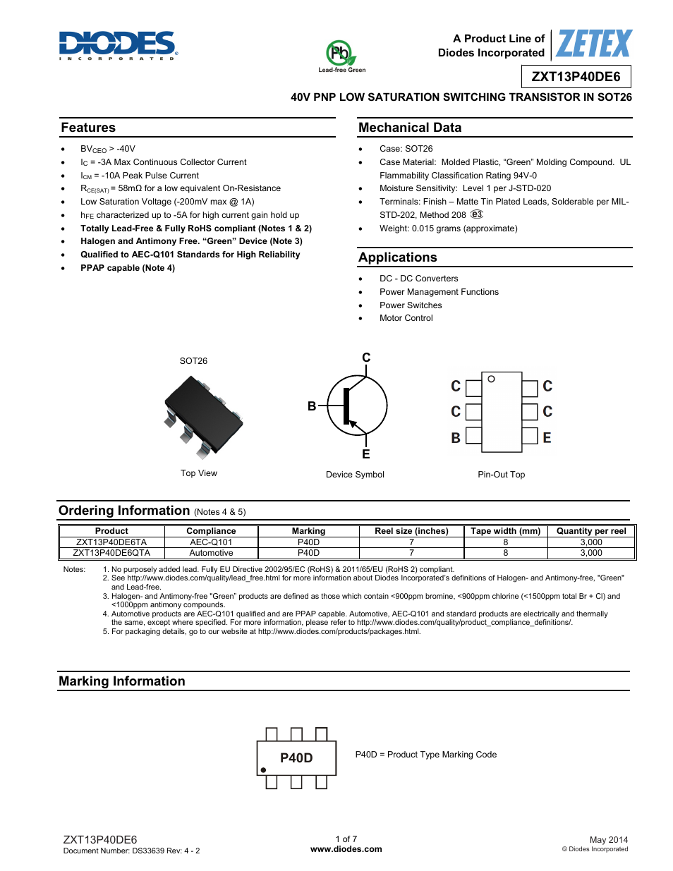 Diodes ZXT13P40DE6 User Manual | 7 pages