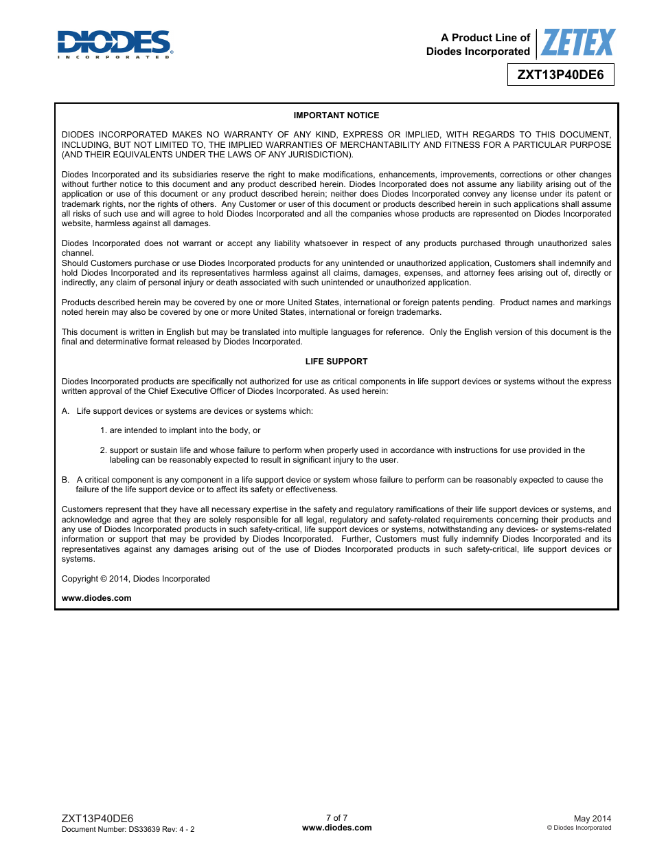 Diodes ZXT13P40DE6 User Manual | Page 7 / 7