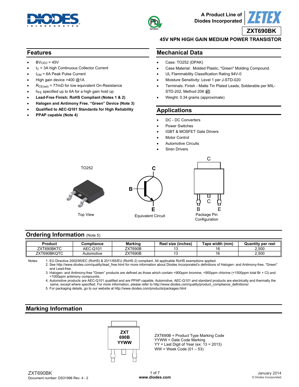 Diodes ZXT690BK User Manual | 7 pages