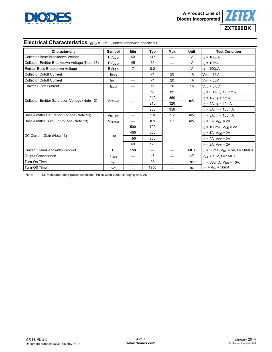 Electrical characteristics, Zxt690bk, A product line of diodes incorporated | Diodes ZXT690BK User Manual | Page 4 / 7