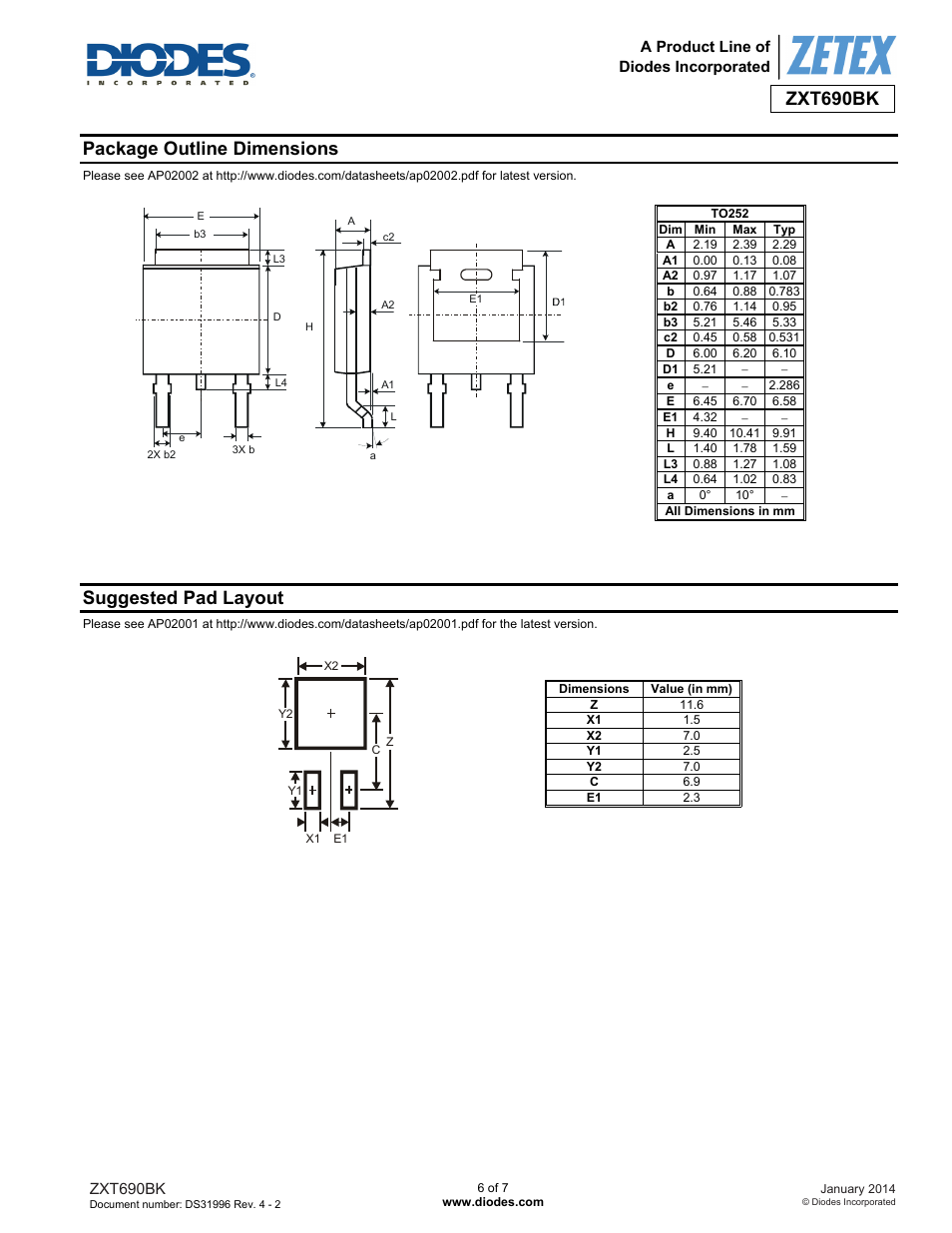 Zxt690bk, Package outline dimensions, Suggested pad layout | Diodes ZXT690BK User Manual | Page 6 / 7