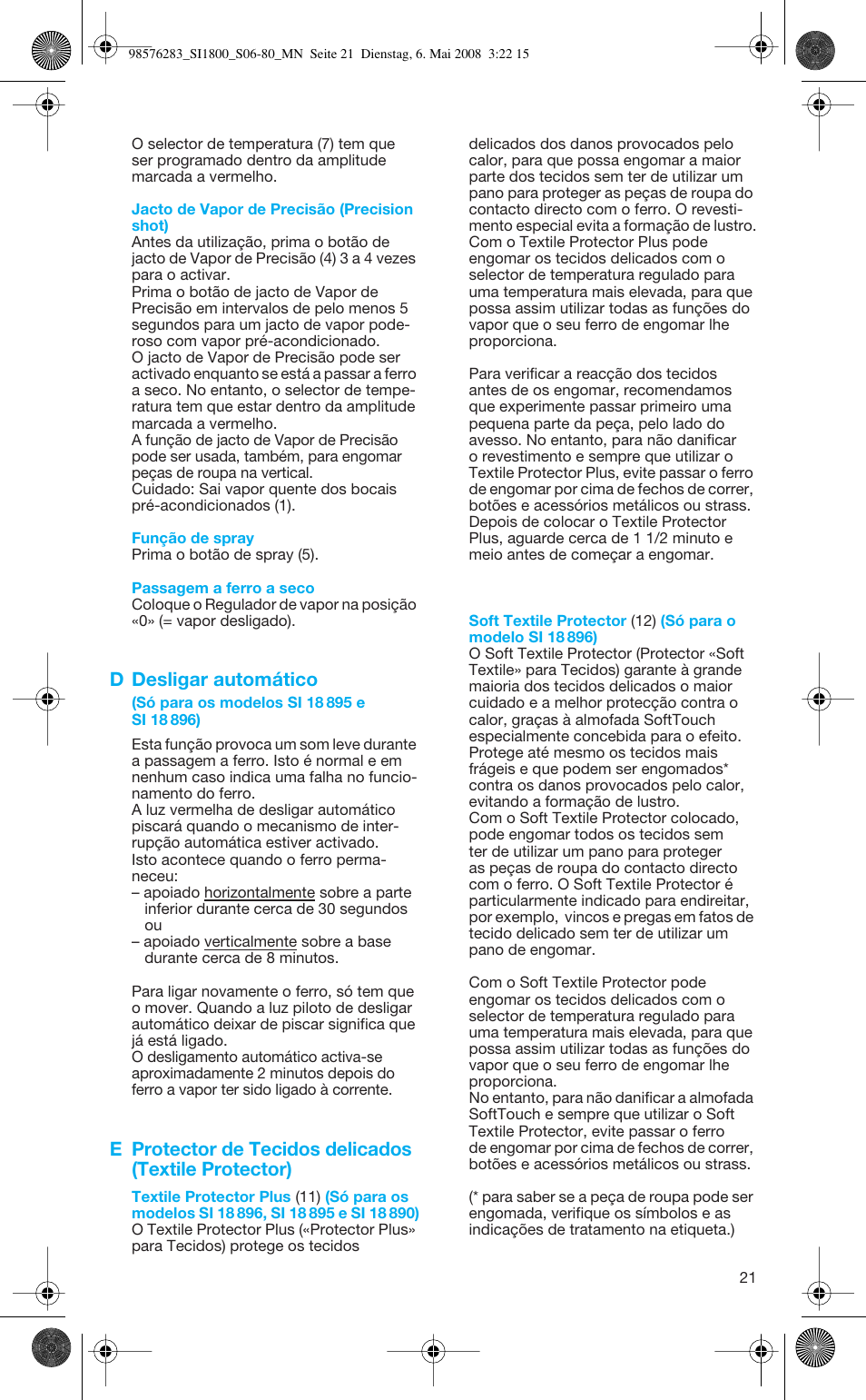 D desligar automático | Braun TexStyle Control SI 18896 User Manual | Page 21 / 77