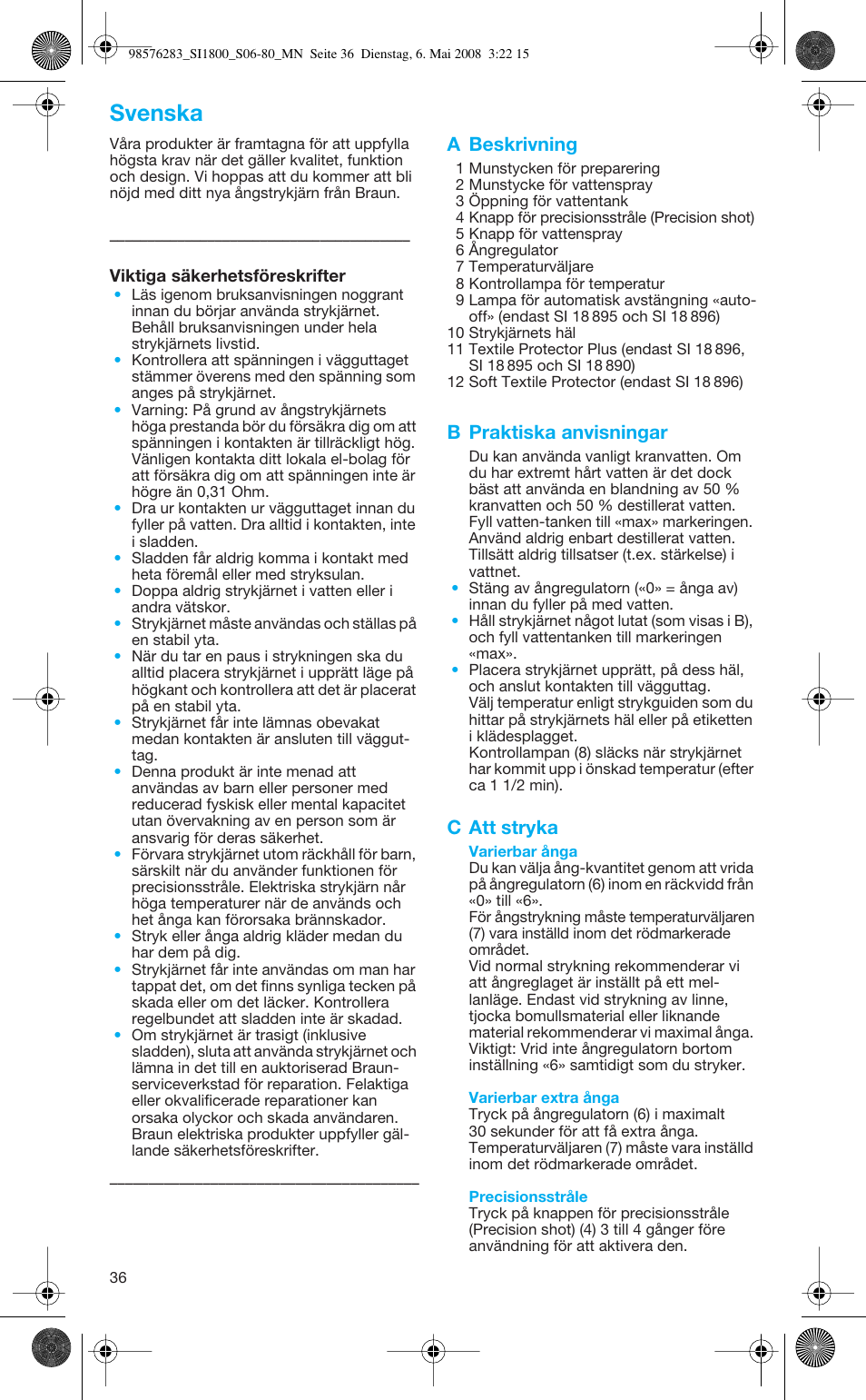 Svenska, A beskrivning, B praktiska anvisningar | C att stryka | Braun TexStyle Control SI 18896 User Manual | Page 36 / 77