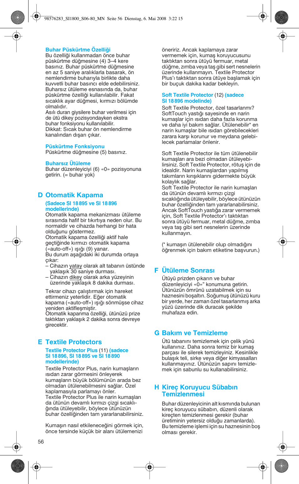 D otomatik kapama, E textile protectors, F ütüleme sonrası | G bakım ve temizleme, H kireç koruyucu sübabın temizlenmesi | Braun TexStyle Control SI 18896 User Manual | Page 56 / 77