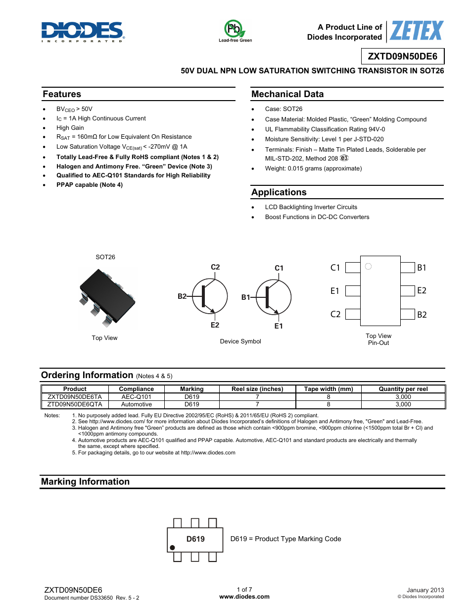 Diodes ZXTD09N50DE6 User Manual | 7 pages