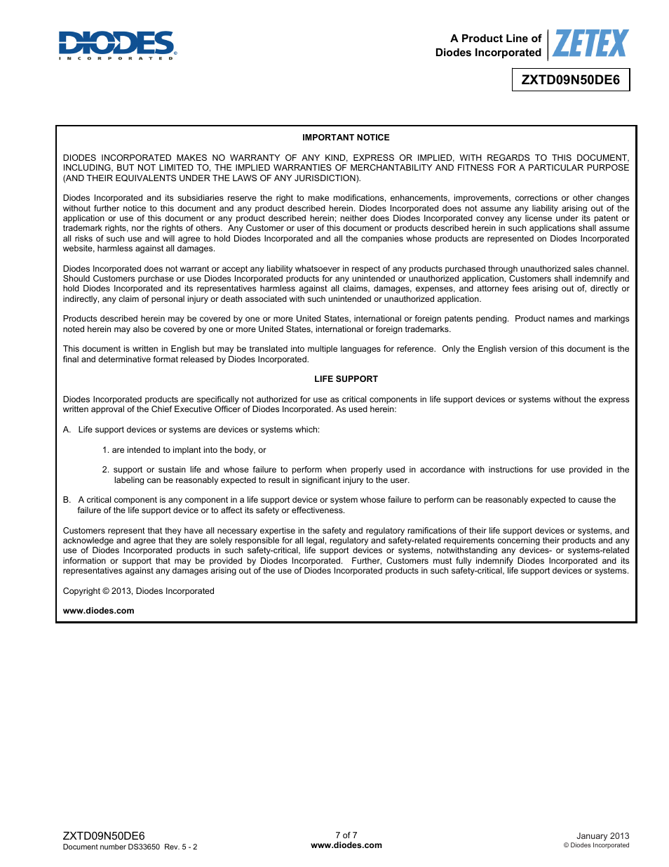 Diodes ZXTD09N50DE6 User Manual | Page 7 / 7