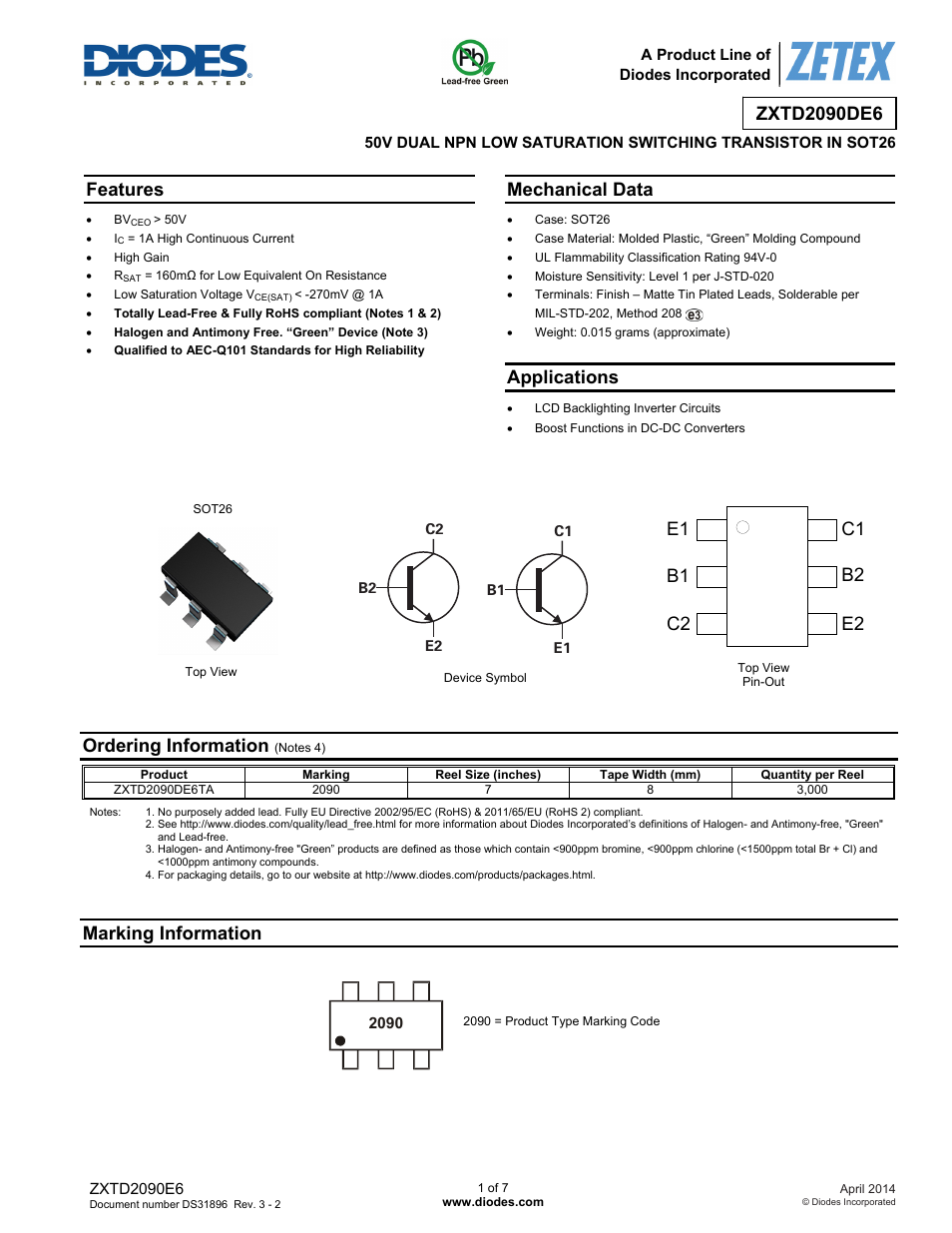 Diodes ZXTD2090E6 User Manual | 7 pages