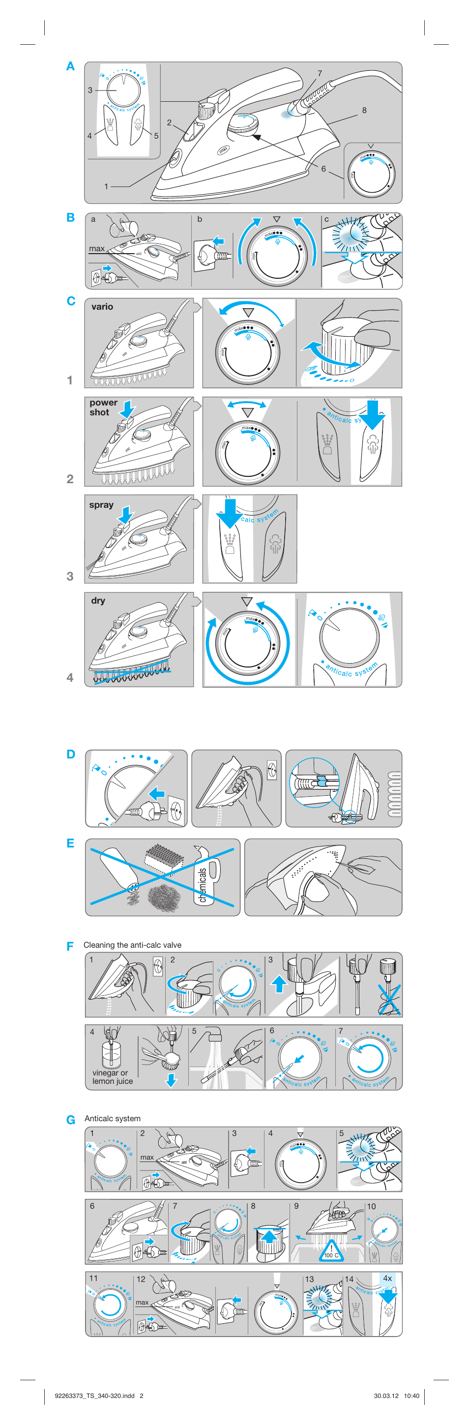 Chemicals, Spray, Vario | Power shot, Cleaning the anti-calc valve 2 1 3 anticalc system | Braun TexStyle 3 320 User Manual | Page 2 / 21