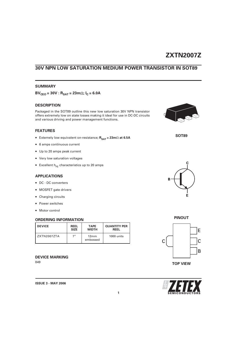 Diodes ZXTN2007Z User Manual | 6 pages