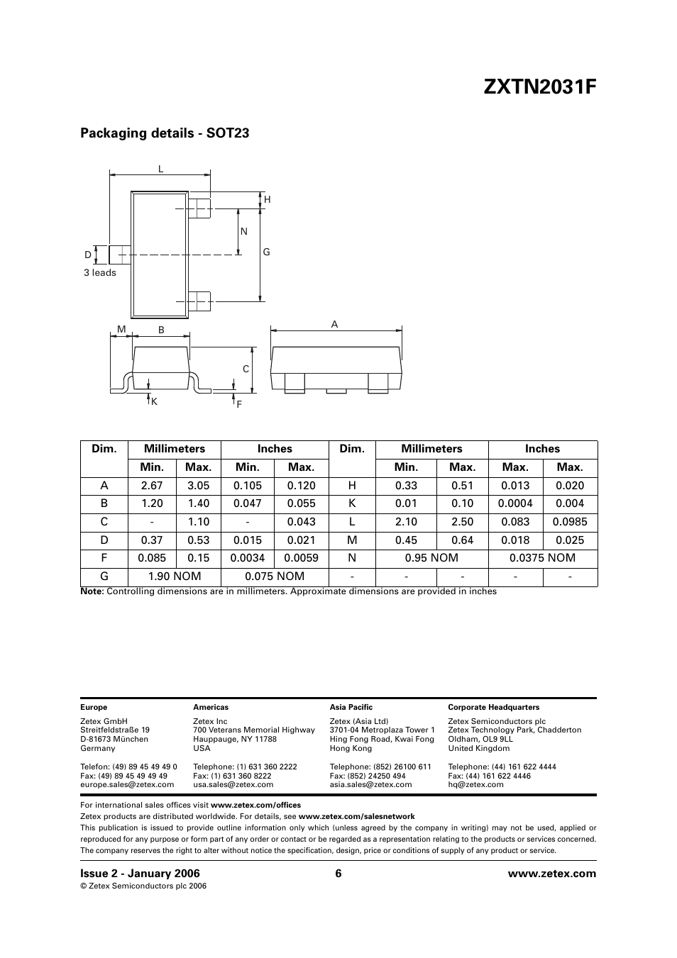 Zxtn2031f, Packaging details - sot23 | Diodes ZXTN2031F User Manual | Page 6 / 6