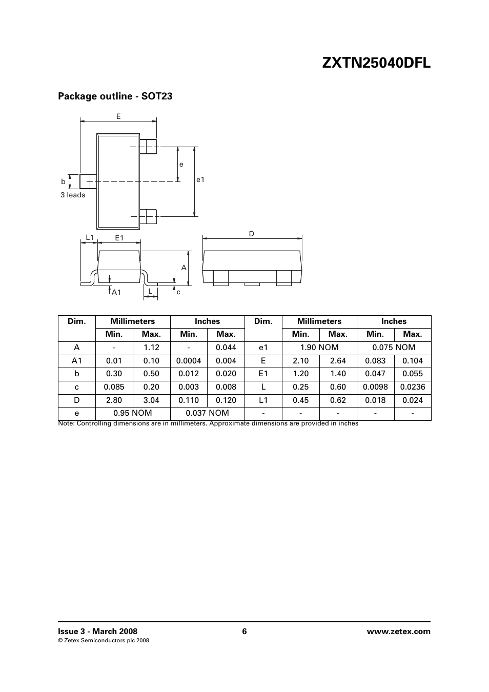 Package outline - sot23 | Diodes ZXTN25040DFL User Manual | Page 6 / 8