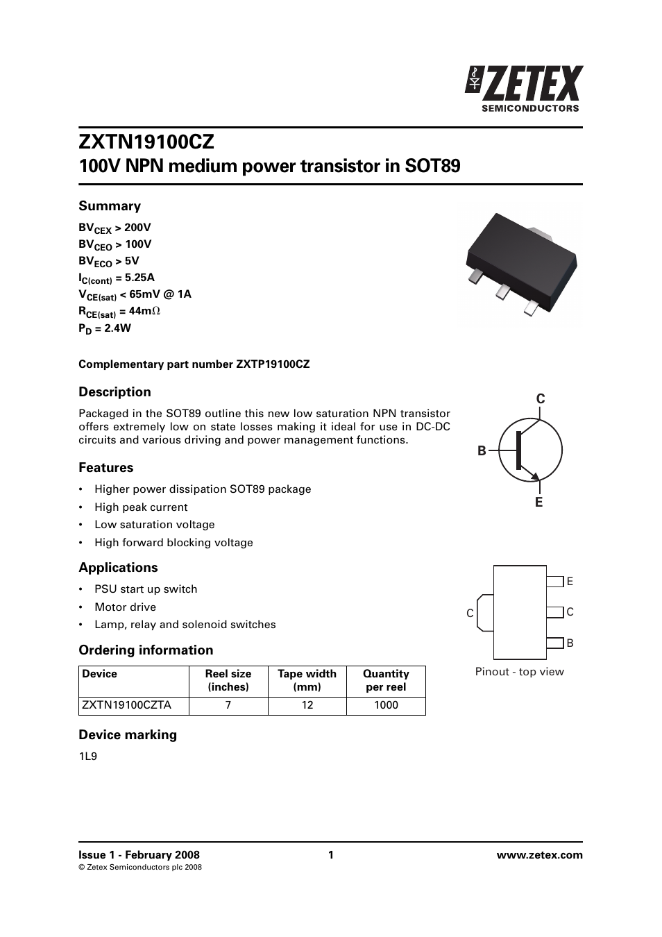 Diodes ZXTN19100CZ User Manual | 8 pages