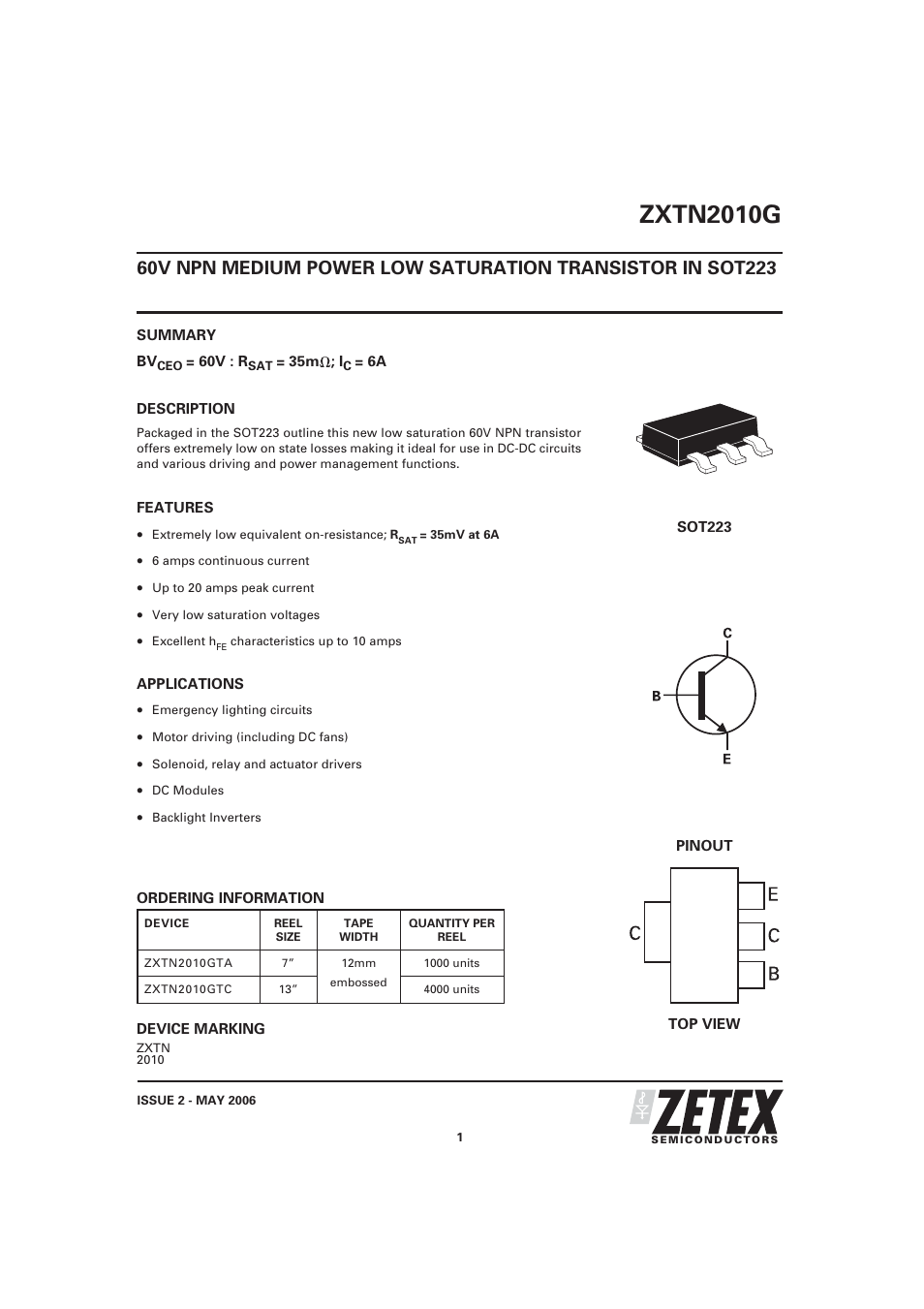 Diodes ZXTN2010G User Manual | 6 pages