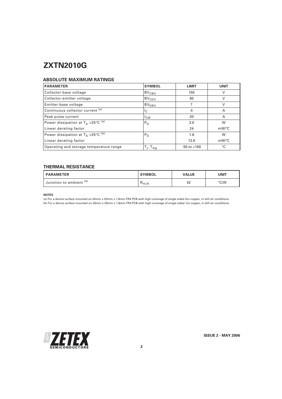 Zxtn2010g, Thermal resistance, Absolute maximum ratings | Diodes ZXTN2010G User Manual | Page 2 / 6