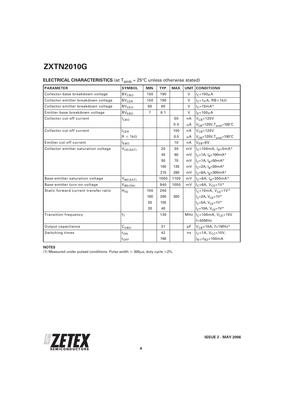 Zxtn2010g, Electrical characteristics (at t, 25°c unless otherwise stated) | Diodes ZXTN2010G User Manual | Page 4 / 6