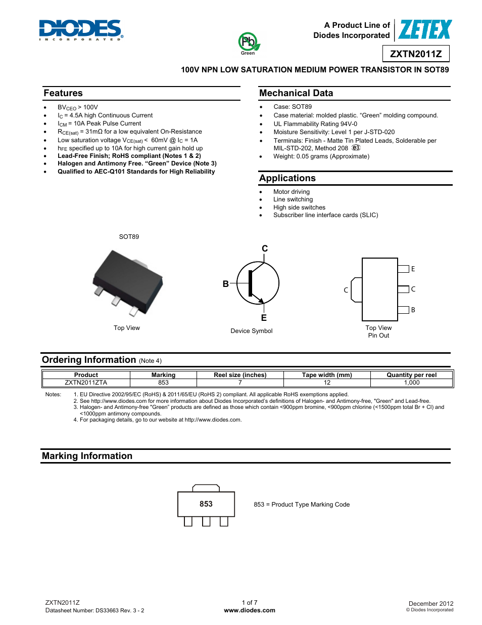 Diodes ZXTN2011Z User Manual | 7 pages