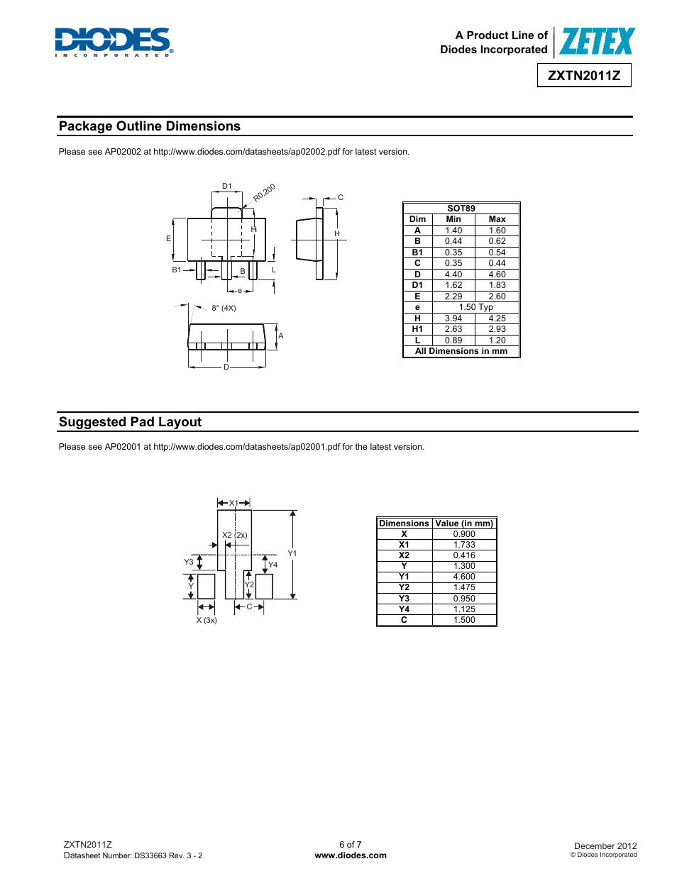 Zxtn2011z, Package outline dimensions, Suggested pad layout | Diodes ZXTN2011Z User Manual | Page 6 / 7