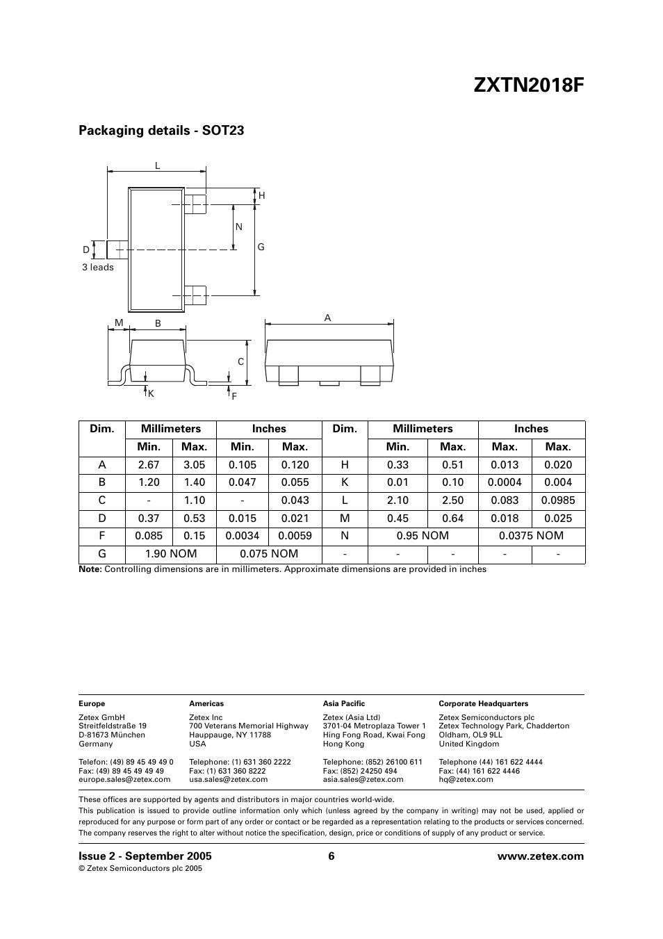 Zxtn2018f, Packaging details - sot23 | Diodes ZXTN2018F User Manual | Page 6 / 6