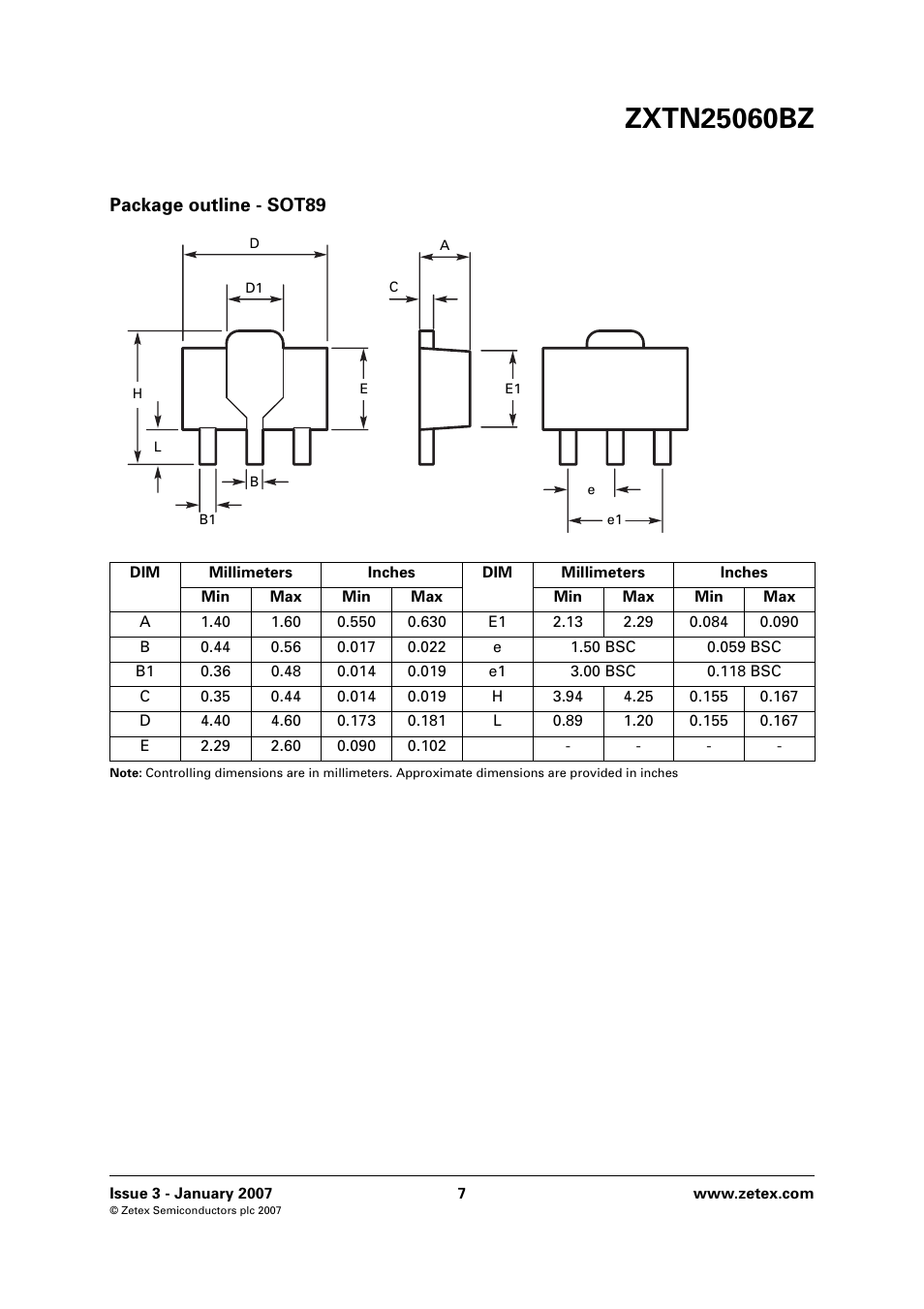 Package outline - sot89 | Diodes ZXTN25060BZ User Manual | Page 7 / 8