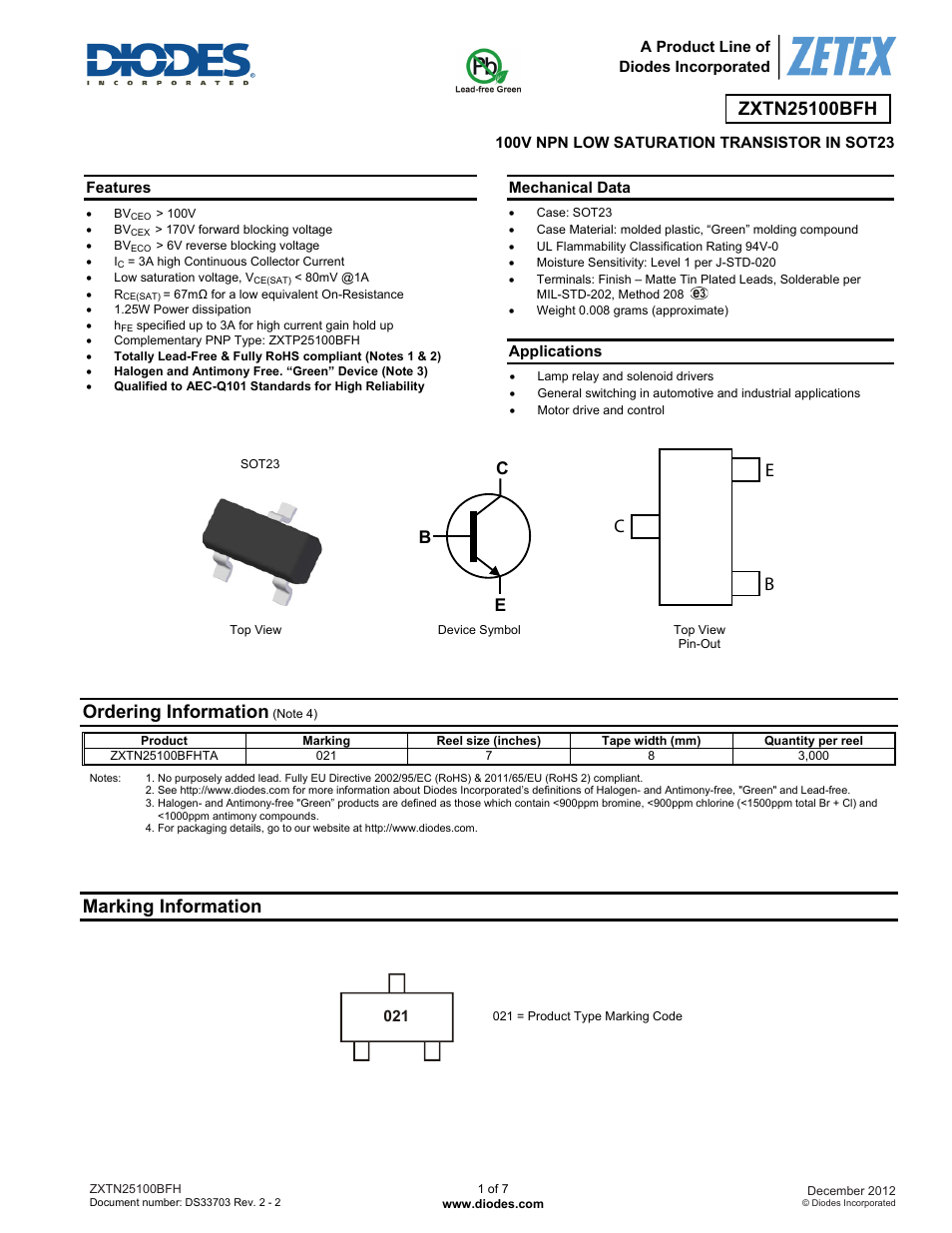 Diodes ZXTN25100BFH User Manual | 7 pages