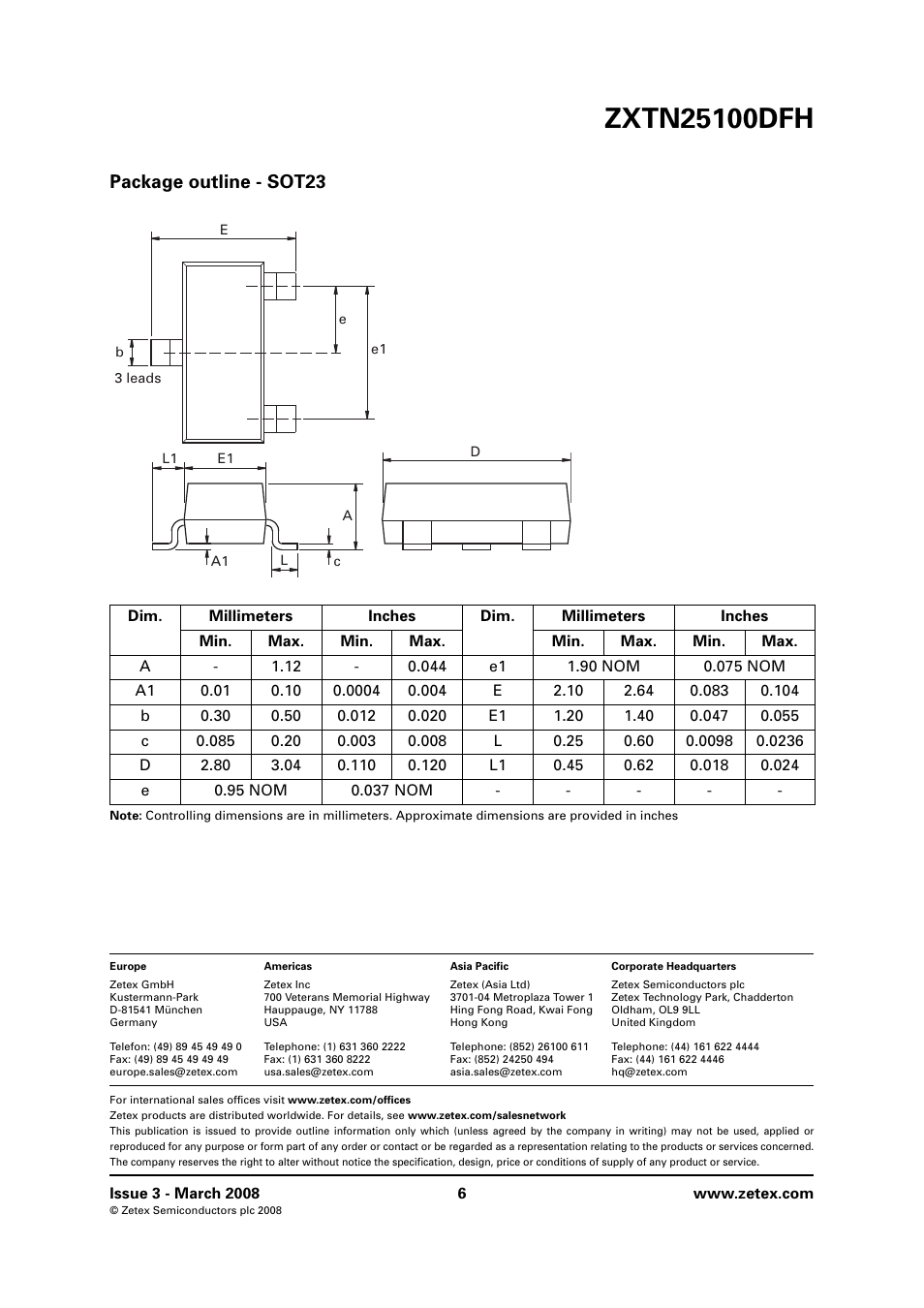 Package outline - sot23 | Diodes ZXTN25100DFH User Manual | Page 6 / 6