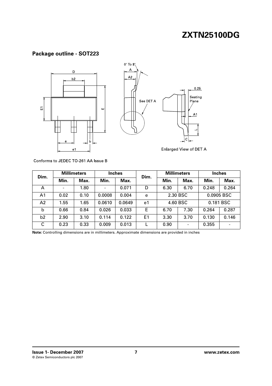 Package outline - sot223 | Diodes ZXTN25100DG User Manual | Page 7 / 8