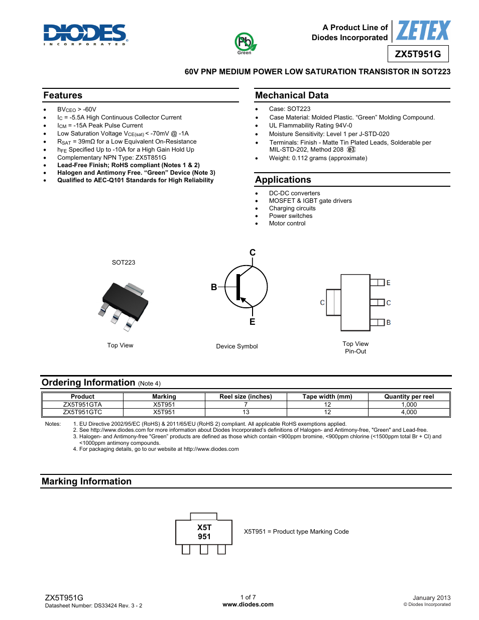 Diodes ZX5T951G User Manual | 7 pages