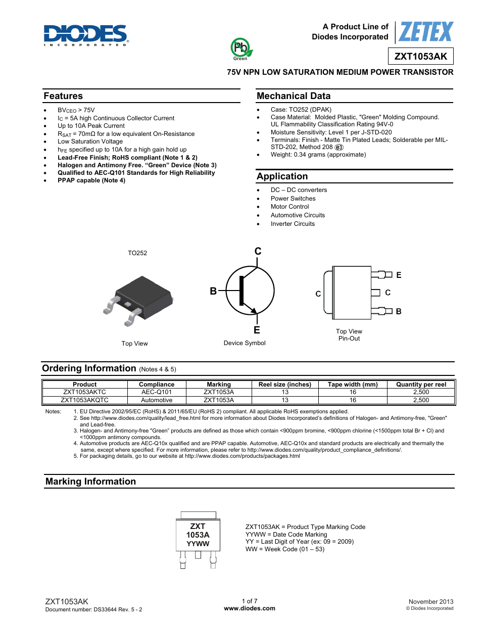 Diodes ZXT1053AK User Manual | 7 pages