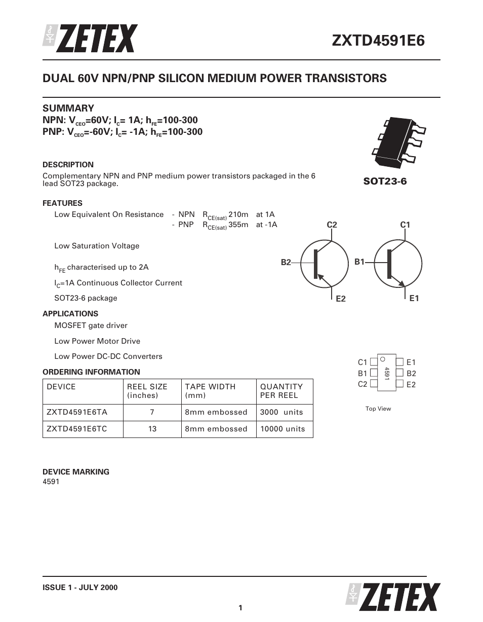 Diodes ZXTD4591E6 User Manual | 7 pages