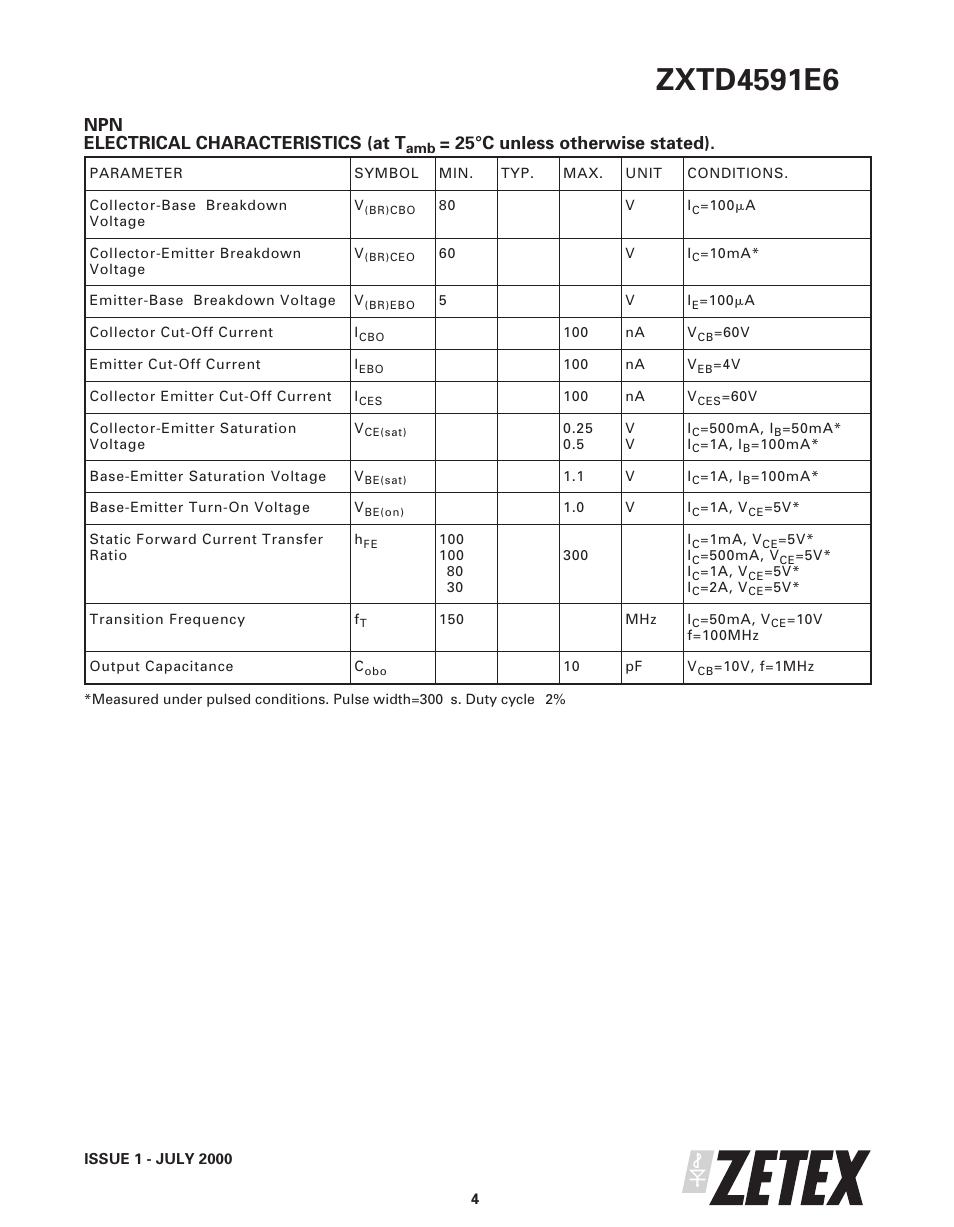 Npn electrical characteristics (at t, 25°c unless otherwise stated) | Diodes ZXTD4591E6 User Manual | Page 4 / 7
