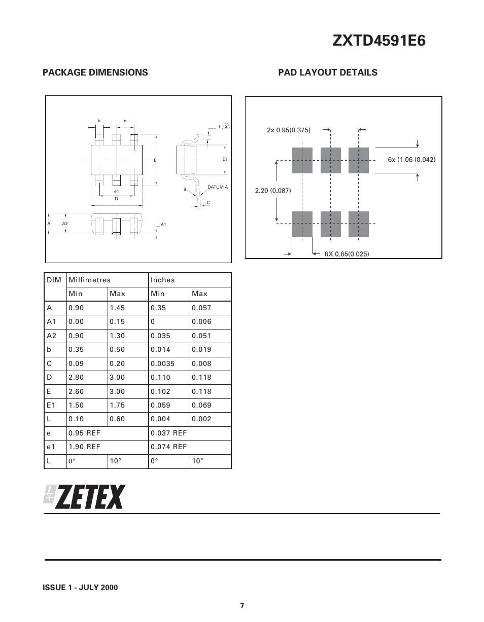 Package dimensions pad layout details | Diodes ZXTD4591E6 User Manual | Page 7 / 7