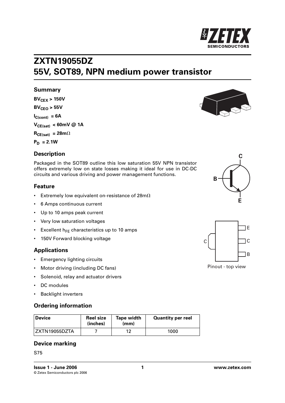 Diodes ZXTN19055DZ User Manual | 6 pages
