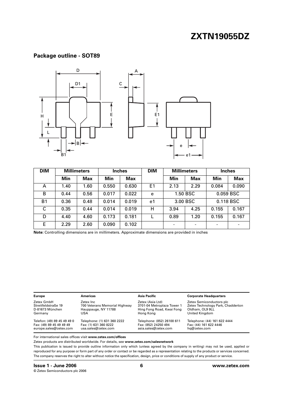 Package outline - sot89 | Diodes ZXTN19055DZ User Manual | Page 6 / 6