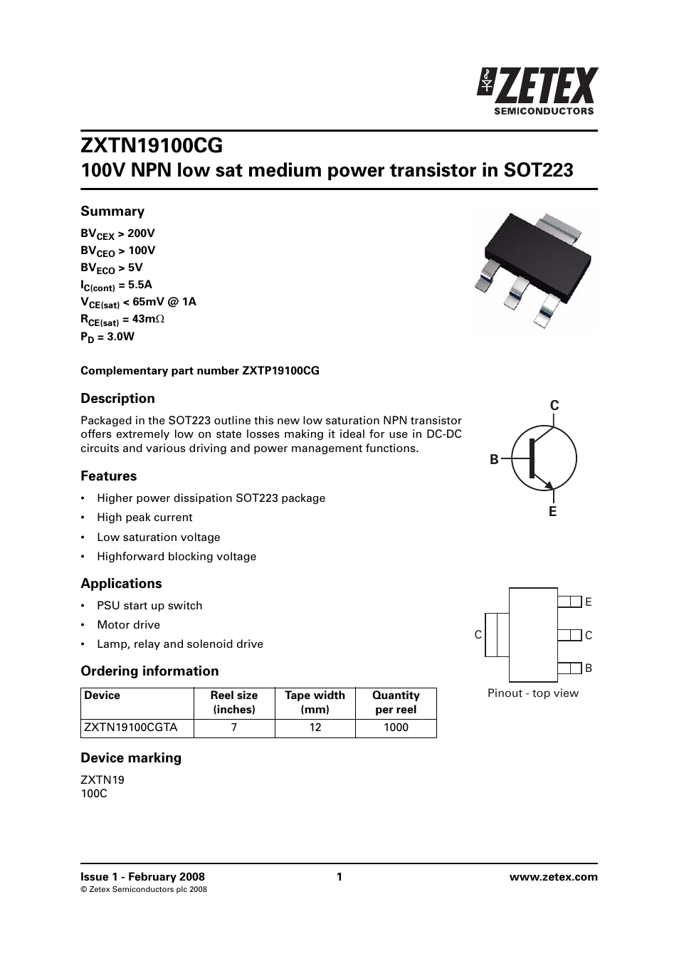 Diodes ZXTN19100CG User Manual | 8 pages