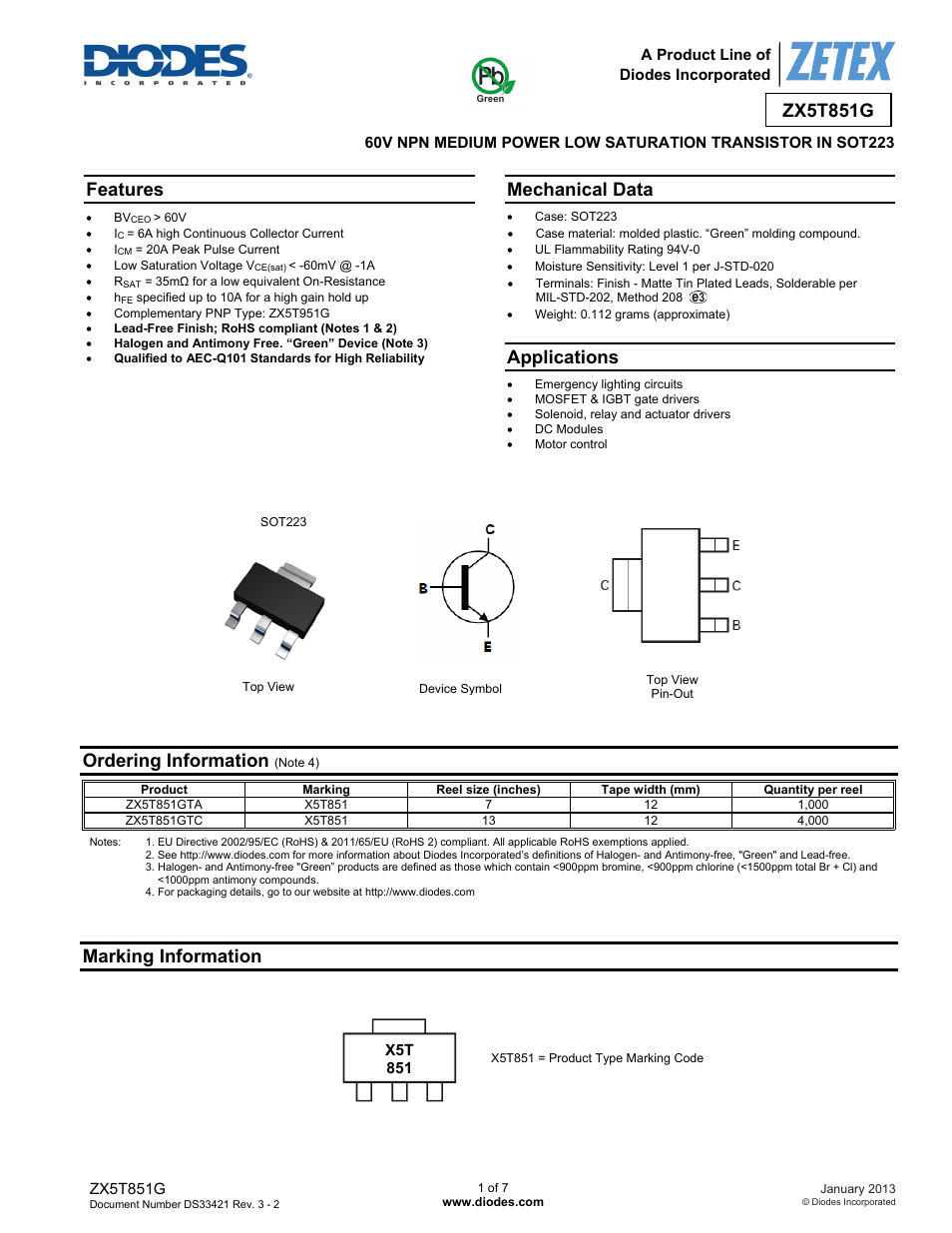 Diodes ZX5T851G User Manual | 7 pages