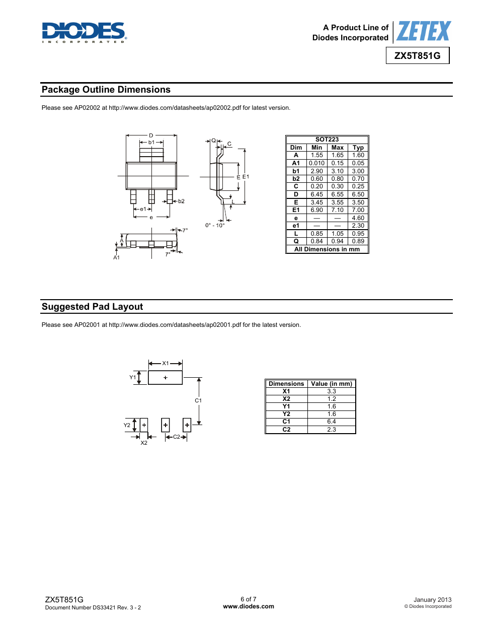 Zx5t851g, Package outline dimensions, Suggested pad layout | Diodes ZX5T851G User Manual | Page 6 / 7