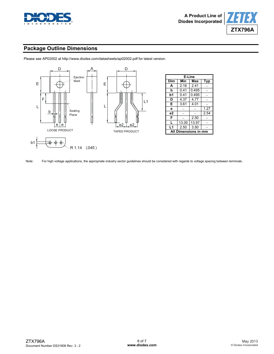 Ztx796a, Package outline dimensions | Diodes ZTX796A User Manual | Page 6 / 7