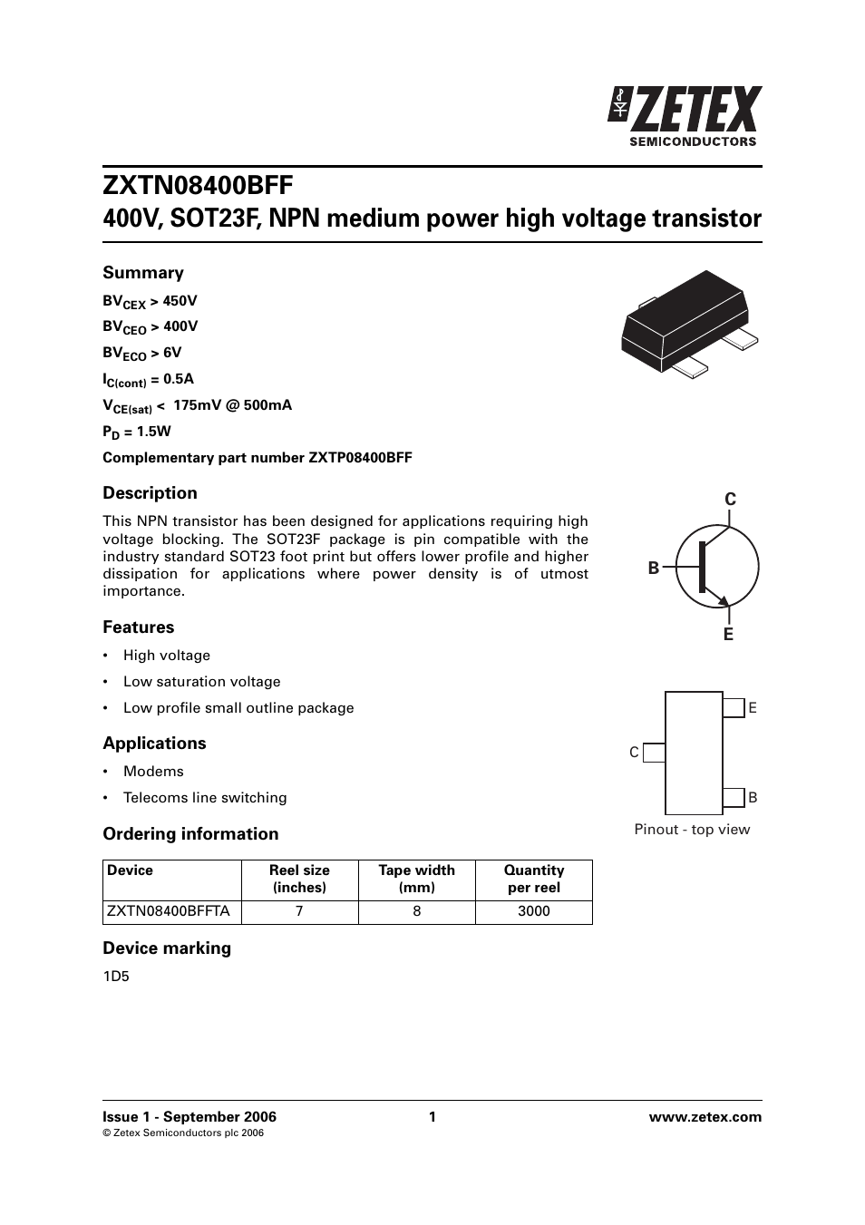 Diodes ZXTN08400BFF User Manual | 6 pages