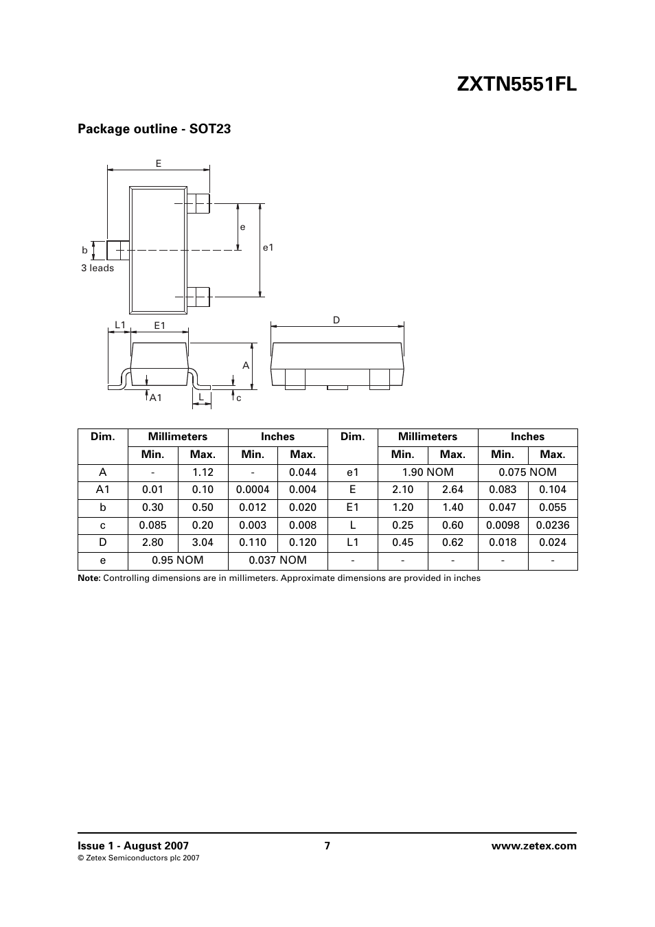Package outline - sot23, Zxtn5551fl | Diodes ZXTN5551FL User Manual | Page 7 / 8