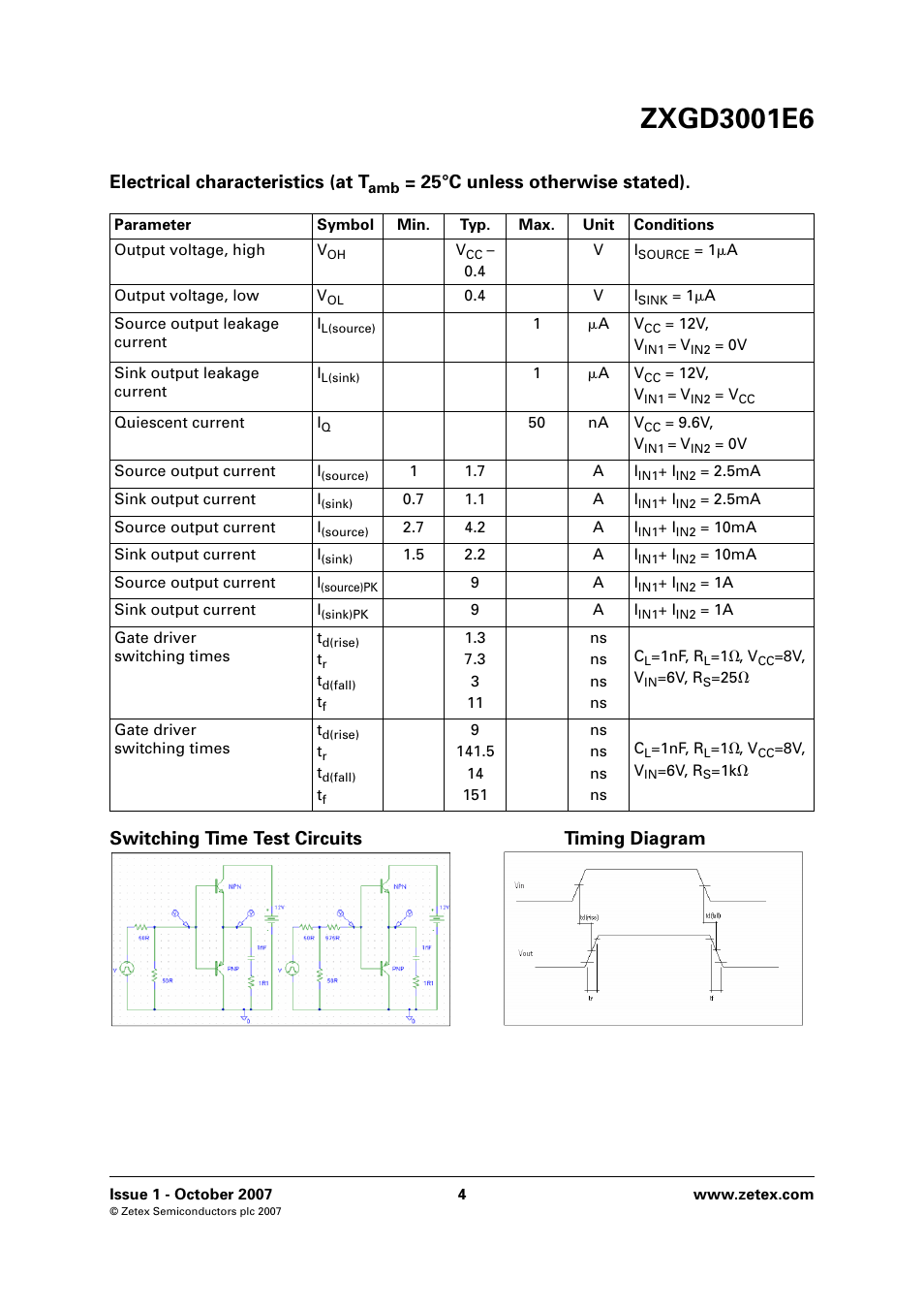 Switching time test circuits timing diagram, Electrical characteristics (at t | Diodes ZXGD3001E6 User Manual | Page 4 / 8