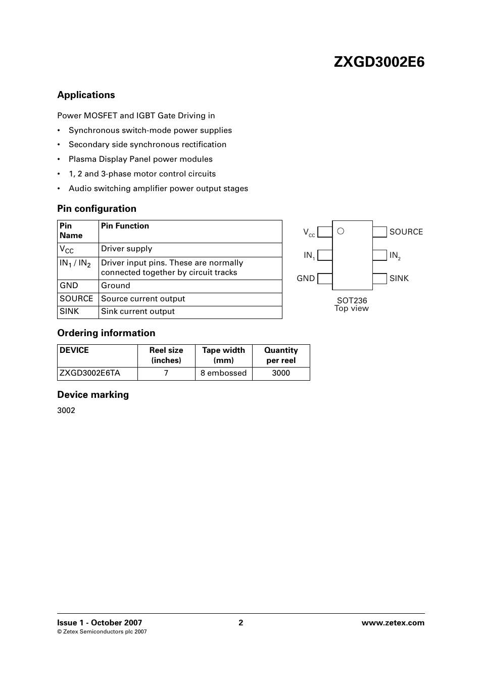 Applications, Pin configuration, Ordering information | Device marking | Diodes ZXGD3002E6 User Manual | Page 2 / 8