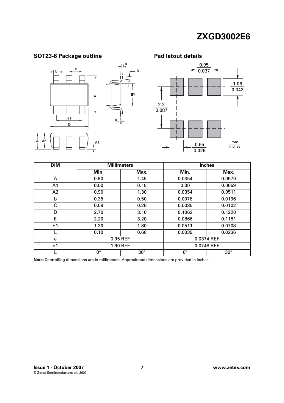 Sot23-6 package outline pad latout details | Diodes ZXGD3002E6 User Manual | Page 7 / 8